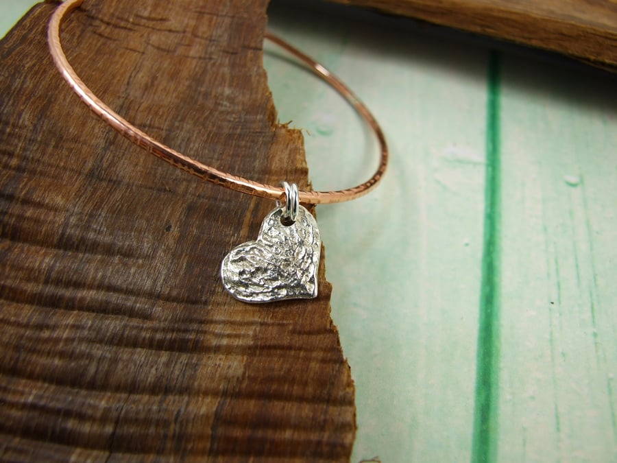 Copper Stacking Bangle with Sterling Silver Heart Charm 