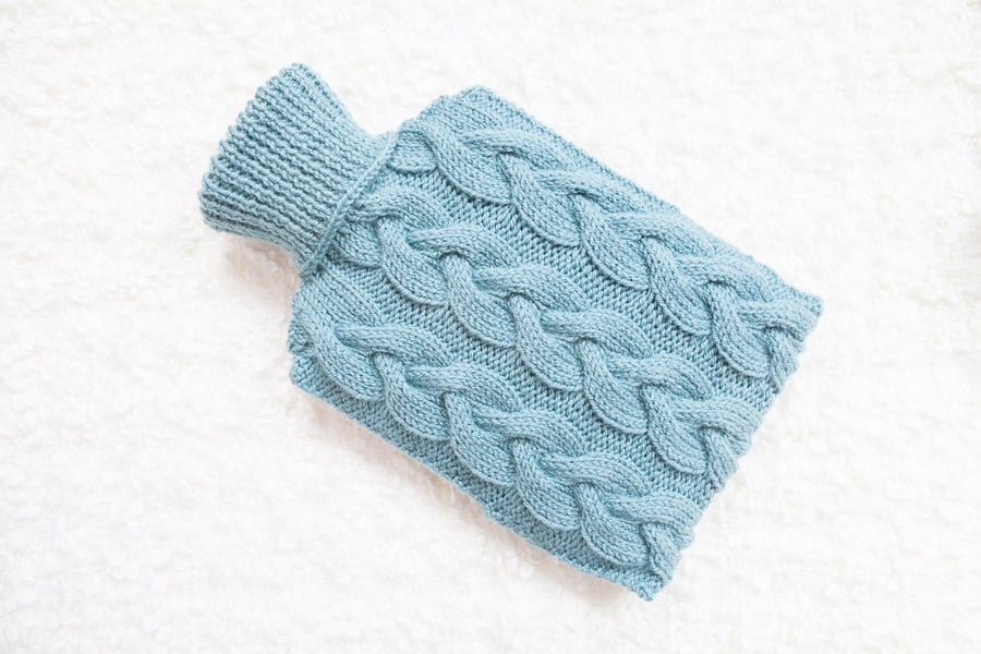Hand knitted hot water bottle cover, cosy in teal. Rustic bedroom, home decor.