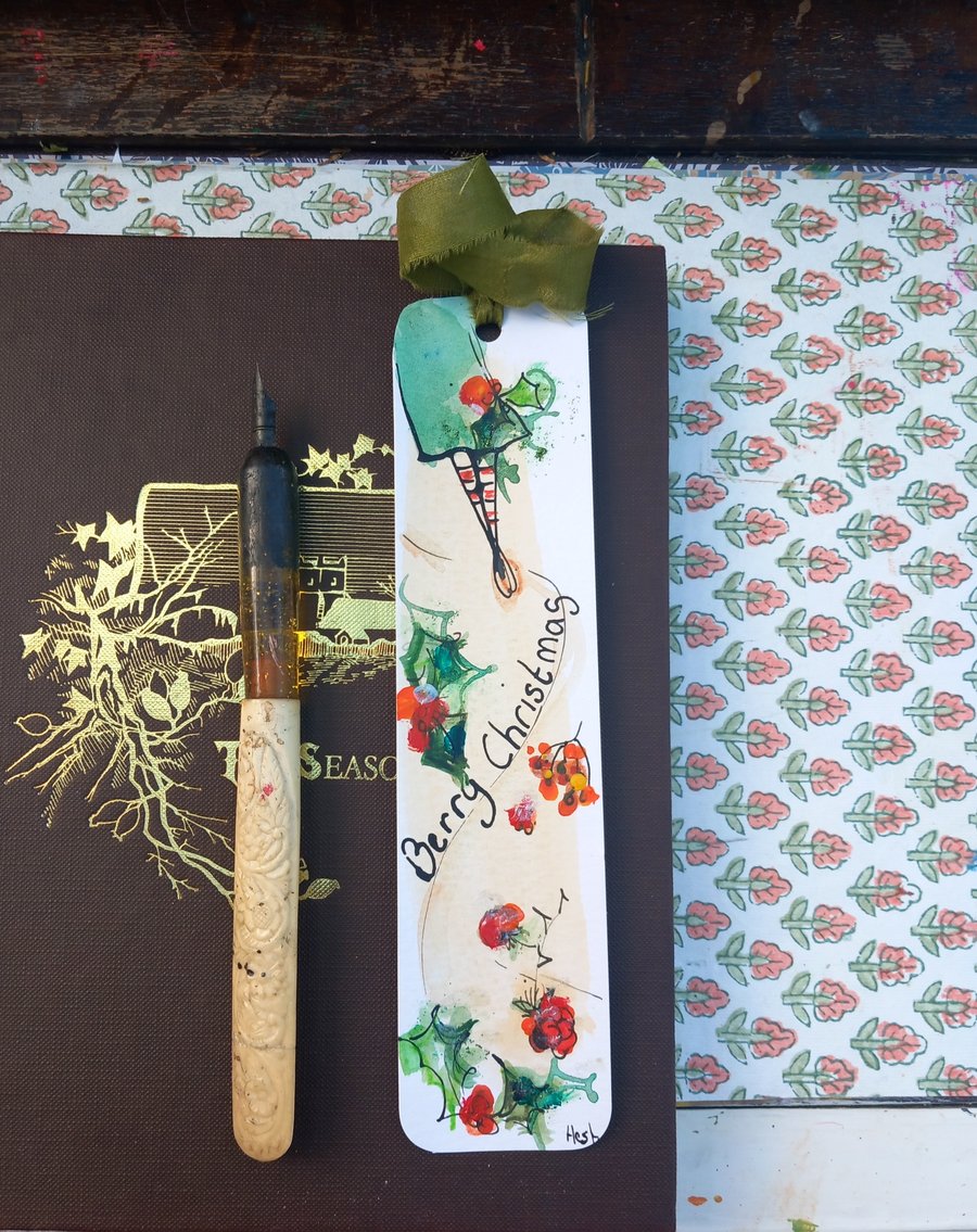  'Berry Christmas 'Hand drawn and painted bookmark with silk ribbon '