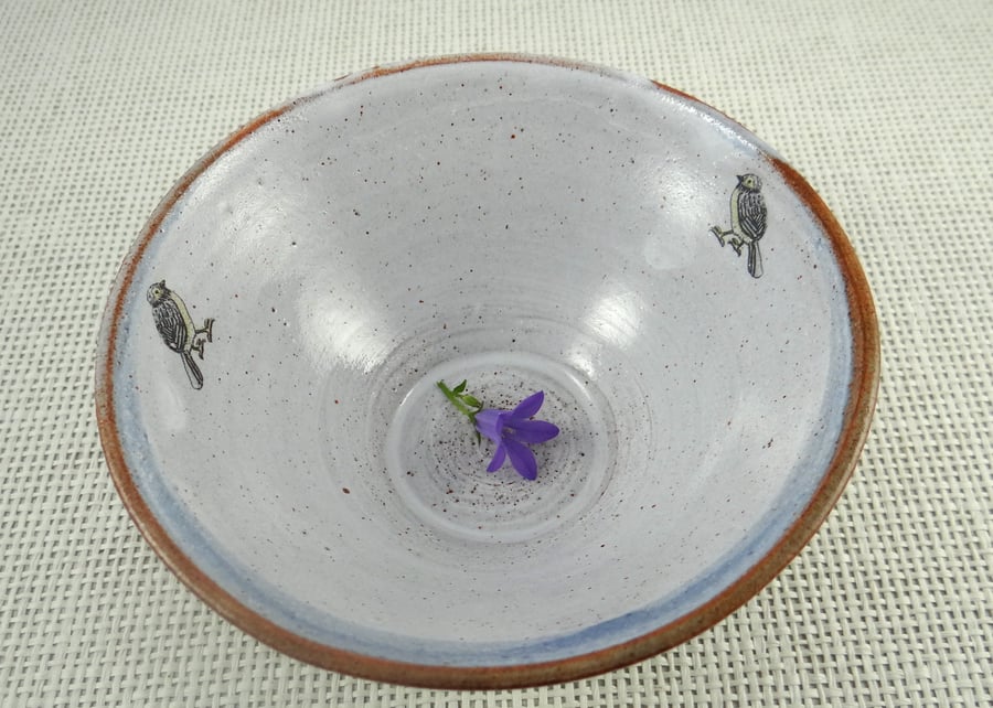Hand-thrown ceramic bowl with coal tit images - stoneware pottery