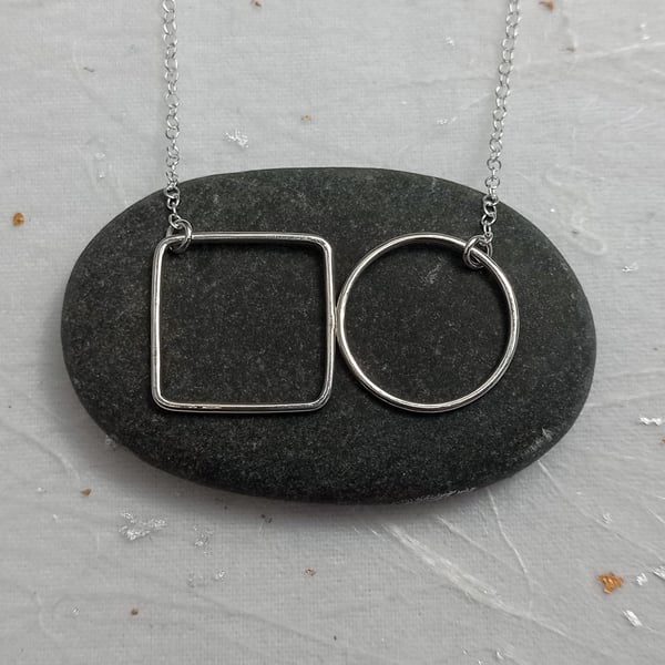 Recycled sterling silver wire circle& square necklace - geometric jewellery 