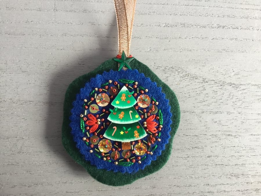 Hand Embroidered Christmas Tree Hanging Decoration 