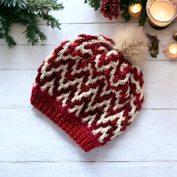 Chunky Red and Pink Mosaic Bobble Beanie Hat. 