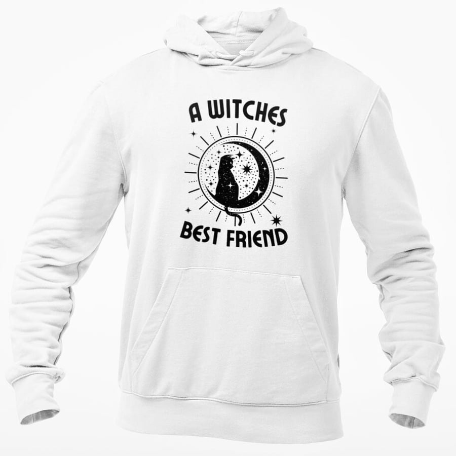 A Witches Best Friend Hooded Sweatshirt Halloween Spooky Witch Familiar Cat Top 