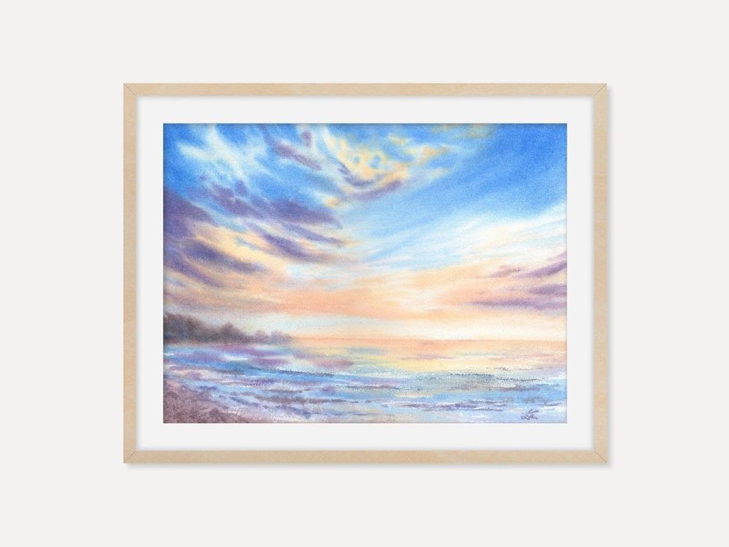 Soft Seascape Wall Art Print, Watercolour Serene Landscape Softcore Art Decor