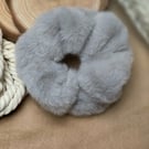 Soft Grey Faux Fur Scrunchie – Plush Furry Hair Accessory, Handmade
