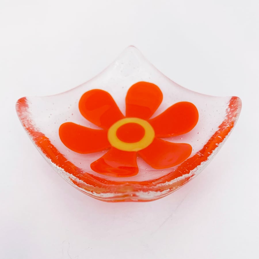 Fused Glass Retro Pimento Flower Dish - Handmade Glass Dish