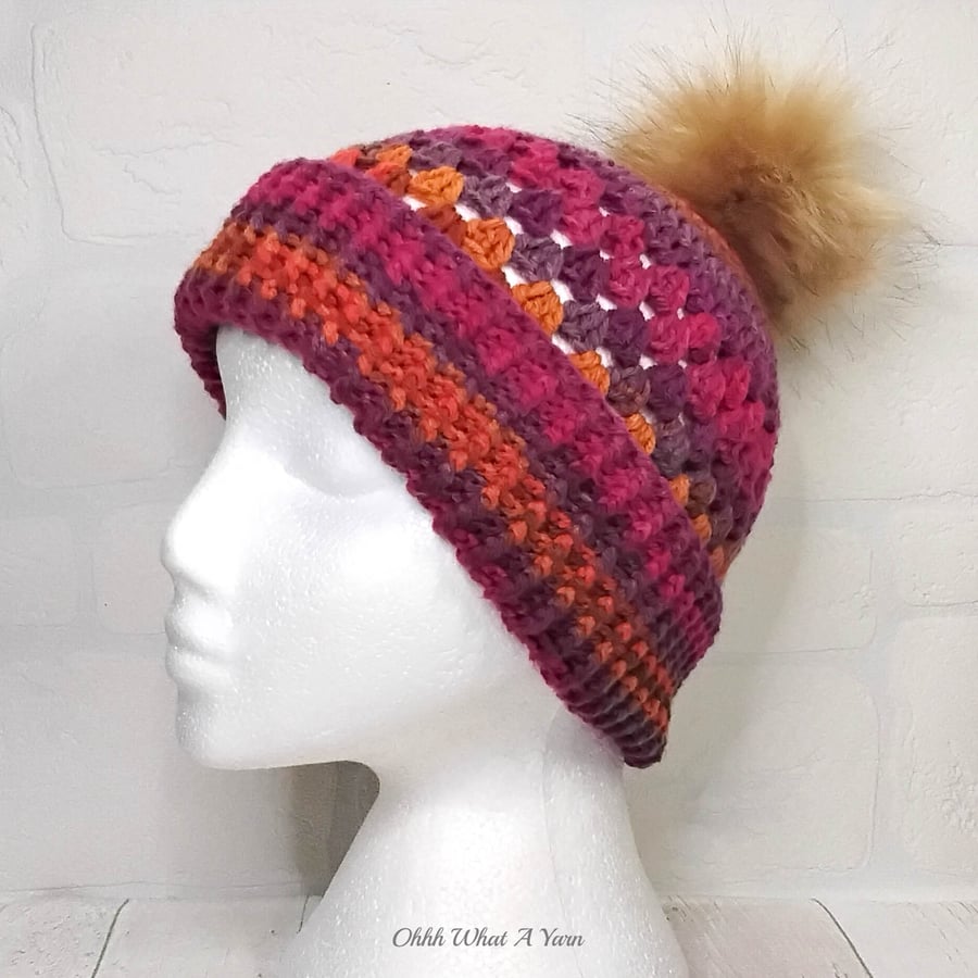 Crochet hat, beanie. Autumn colours granny stitch pom pom hat. Beanie hat.