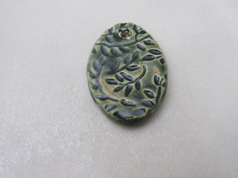 Large Forest Green Leaf Sprig Ceramic Pendant