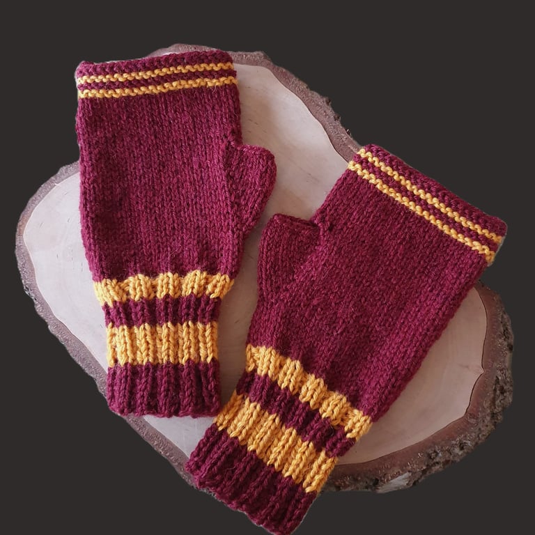 Fingerless Mittens, Mitts, Gloves, Unisex, 4 Sizes, Dark Red and Golden Yellow
