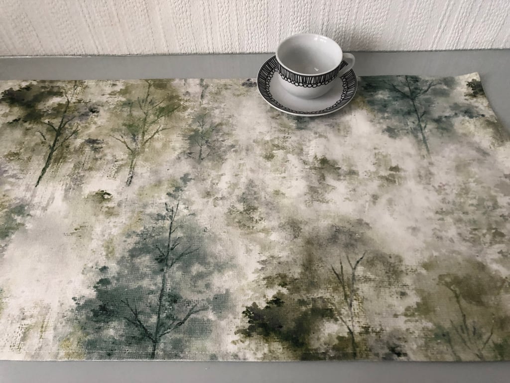 6.5ft Woodland Table Runner Teal Blue Green Trees Digitally Printed Watercolour