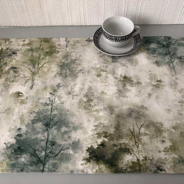 6.5ft Woodland Table Runner Teal Blue Green Trees Digitally Printed Watercolour