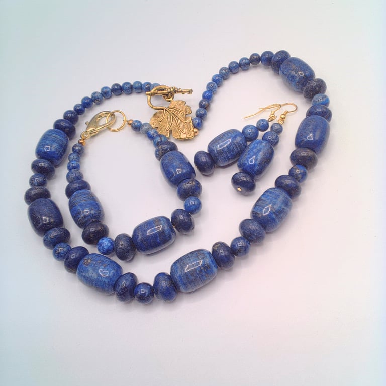 Chunky Lapis Lazuli Necklace with Gold Plated Leaf Clasp Bracelet and Earrings 