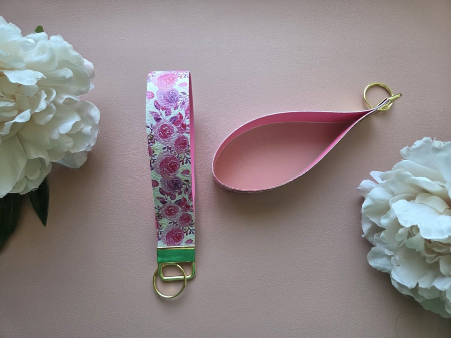 Pink Floral Faux Leather Wristlet Keychain