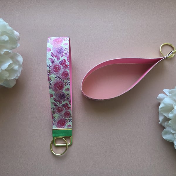 Pink Floral Faux Leather Wristlet Keychain