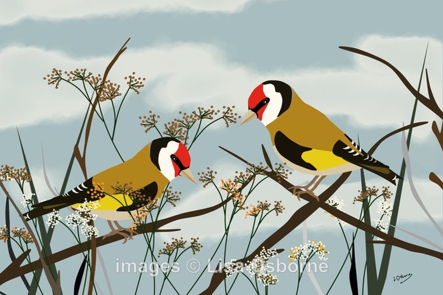 Goldfinches. Print from digital illustration. Garden birds.