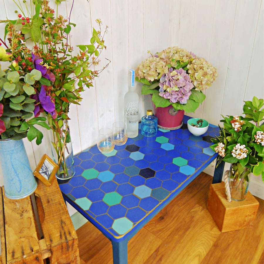 Blue honeycomb design hand painted coffee table