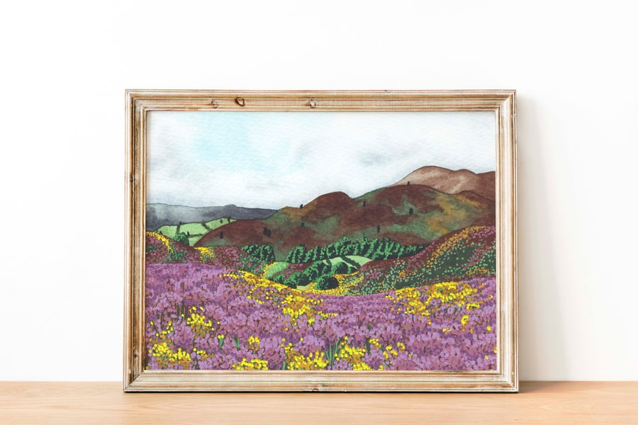 A4 heather hills watercolour landscape art print