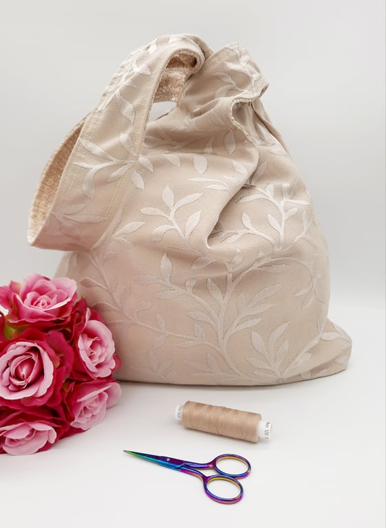 Cream leaf reversible knot bag,  handbag,  tote bag. 