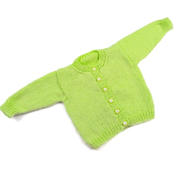 Baby cardigan hand knitted in lime green  0 - 3 months