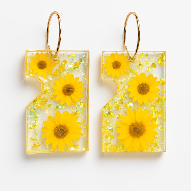 Asymmetrical Sunflower Resin Earrings – Yellow Glitter Dangles