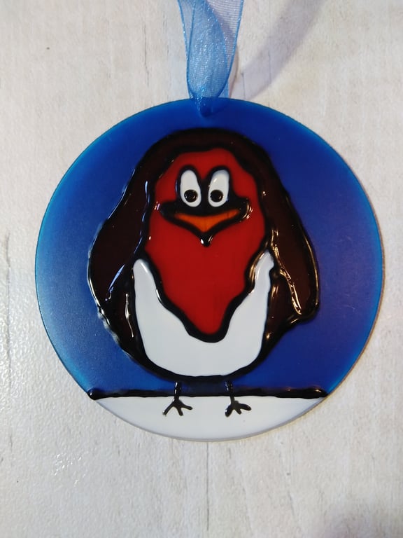 Robin Christmas Decoration, glass tree ornament, hand painted sun catcher