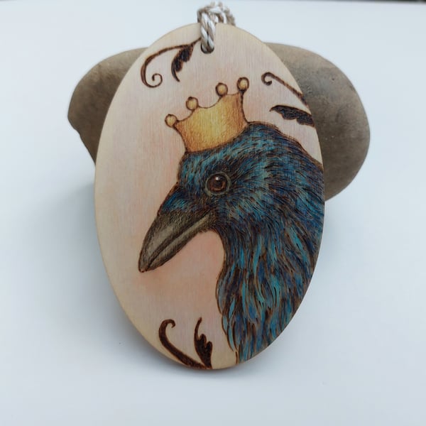 Crow and crown pyrography hanging ornament 