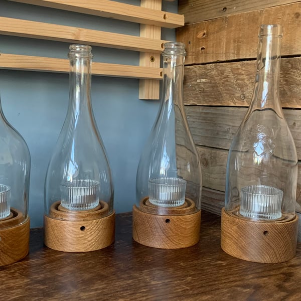 Upcycled wine bottle tea light holder