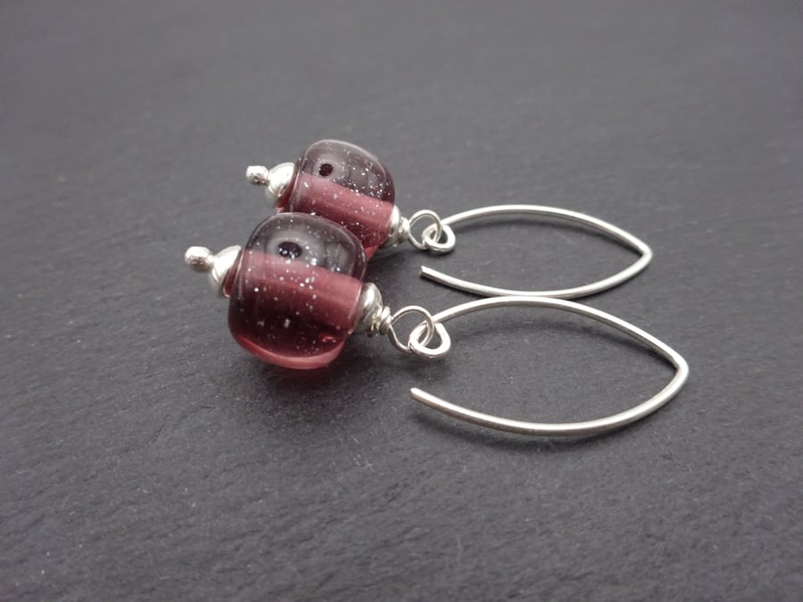 purple glitter lampwork glass earrings