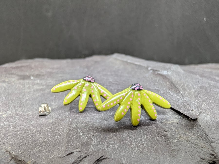 Olive green half flower stud earrings 