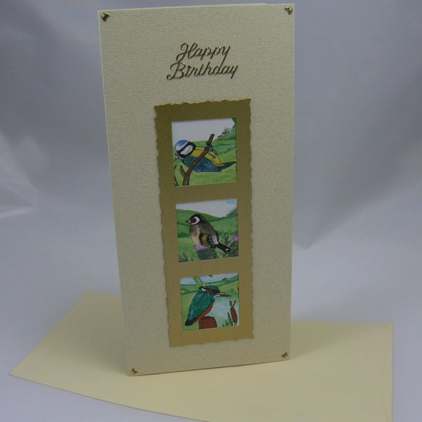 Blue tit, bullfinch, and kingfisher birthday card
