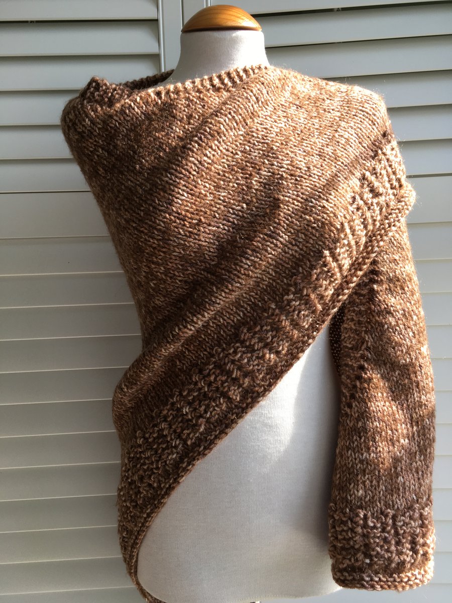 Generous and Squishy Hand Knitted Brown Sugar Shawl