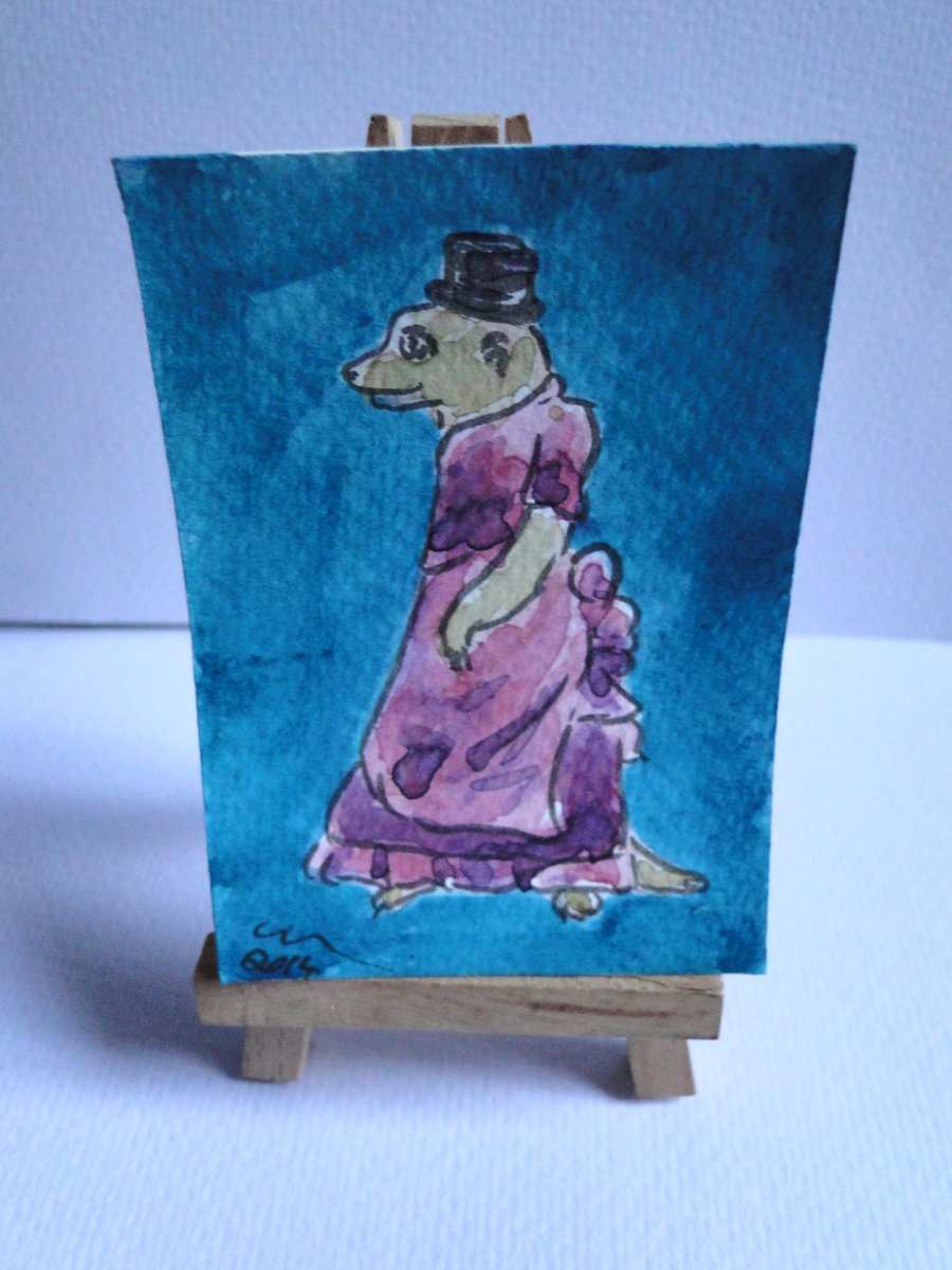 ACEO Steampunk Meerkat Original Watercolour & Ink Painting OOAK