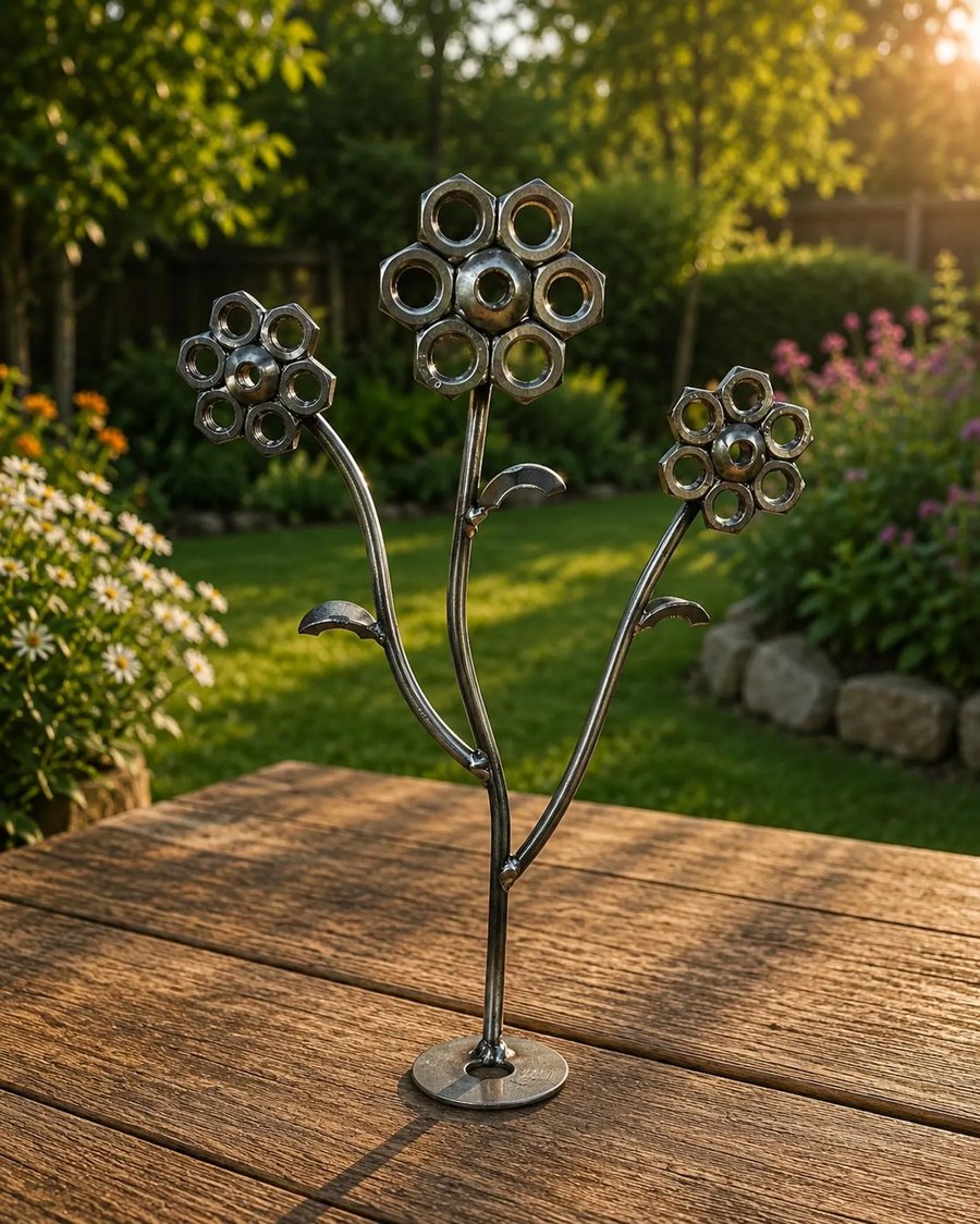 Metal Flowers from Nuts and Bolts, TIG Welded Stainless Steel Art, Garden Orname
