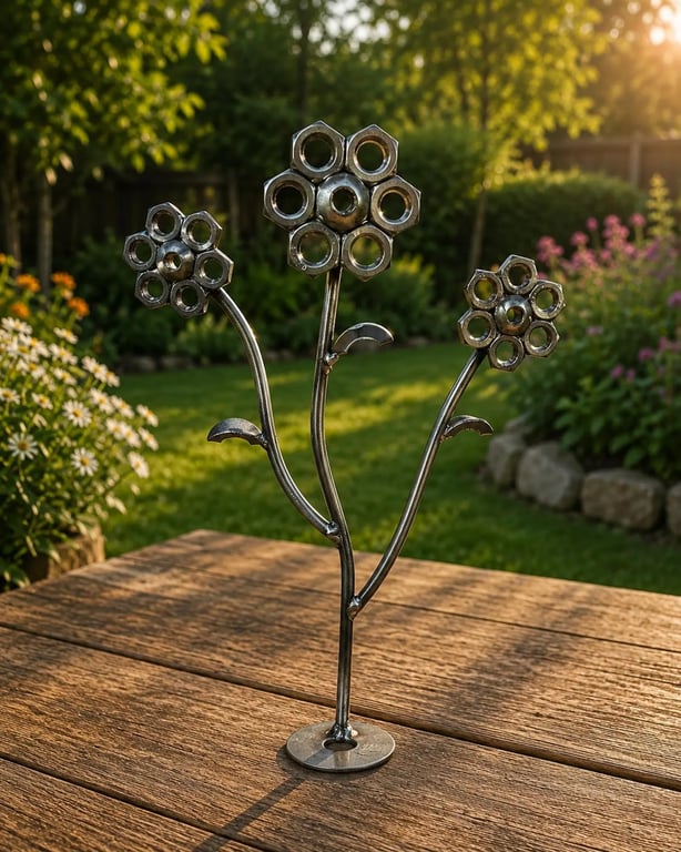 Metal Flowers from Nuts and Bolts, TIG Welded Stainless Steel Art, Garden Orname