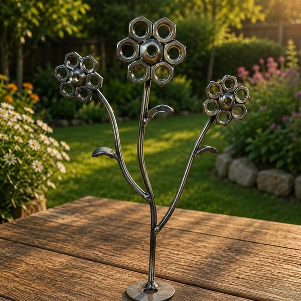 Metal Flowers from Nuts and Bolts, TIG Welded Stainless Steel Art, Garden Orname