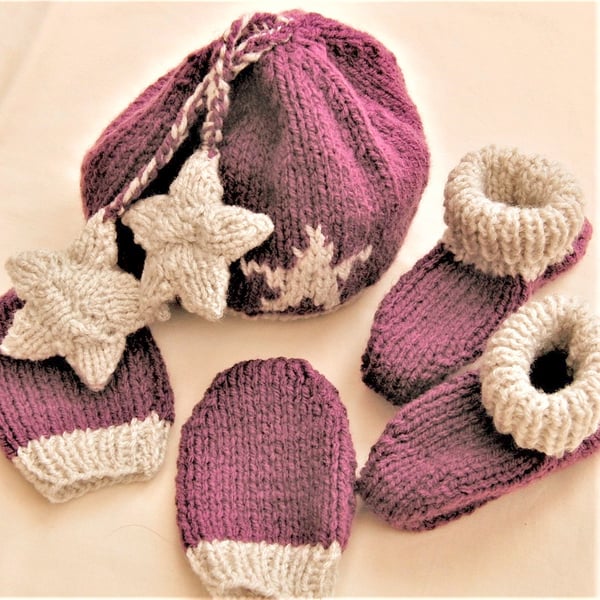 3 Piece Hat Set with Star Motif, New Baby Gift, Baby Shower Gift, Baby's Hat Set
