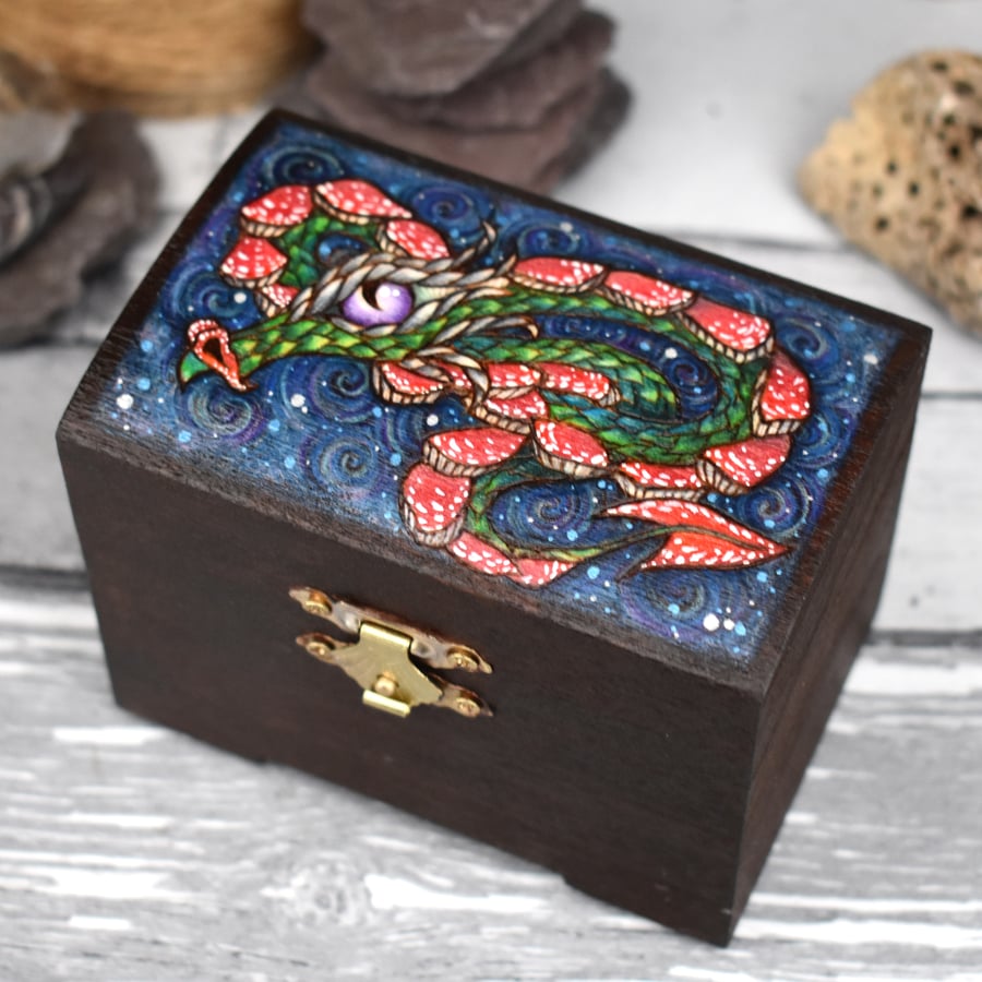 Pyrography cosmic toadstool dragon, small rustic wooden felt lined chest