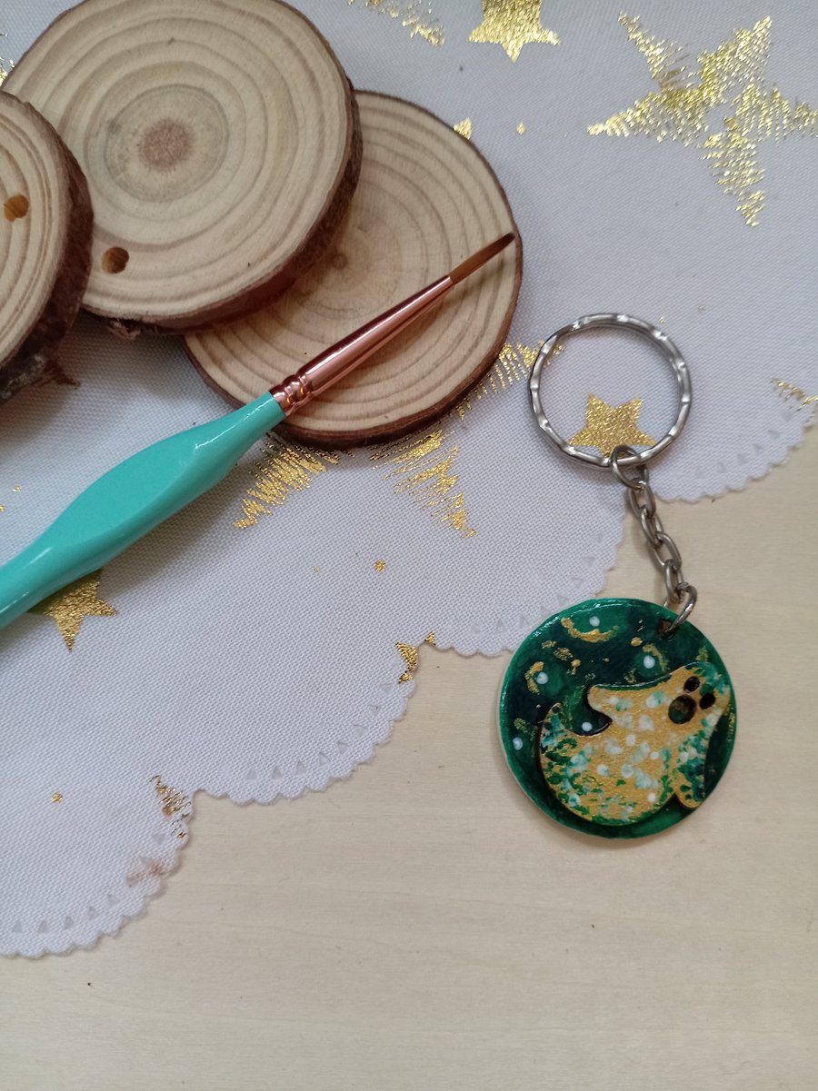 Wooden circular gold ghost keyring 