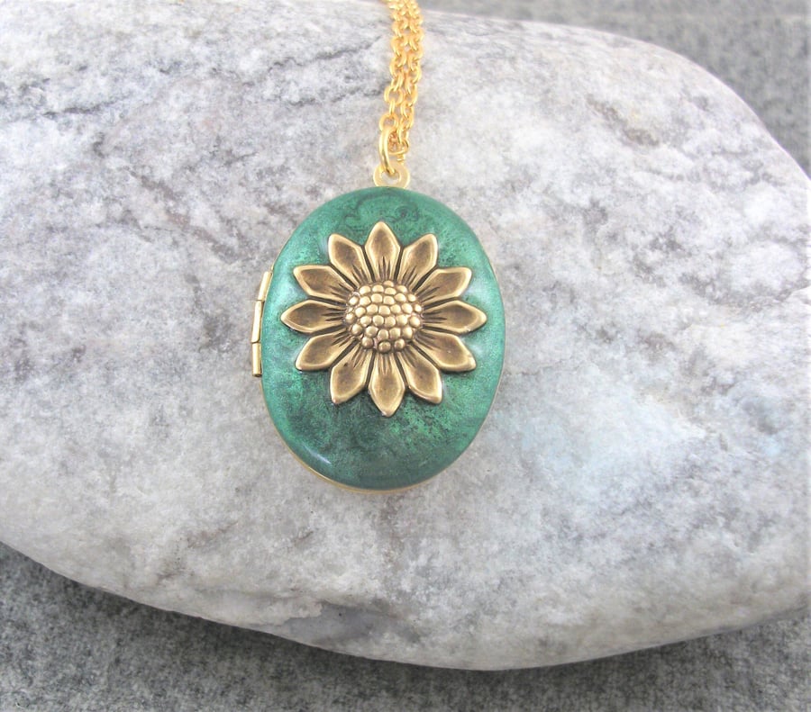 Emerald Sunflower Enamel Gold Plated Locket Jewellery Gift For Women.