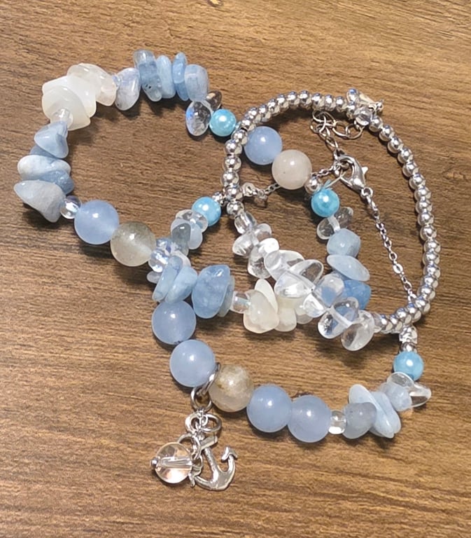Handmade Aquamarine, Moonstone & Clear Quartz Bracelet Trio Stack