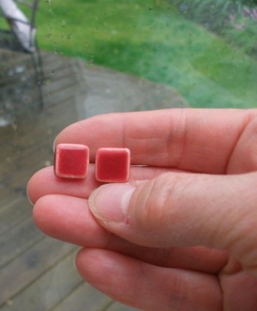 SALE - Red ceramic square earrings - sterling sliver posts and scrolls