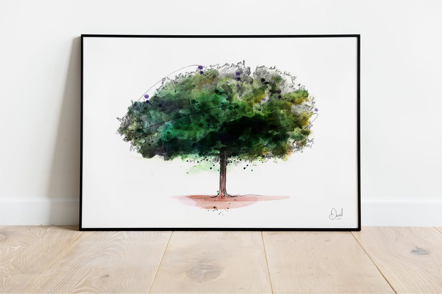 Tree Art Print, Chestnut Tree Illustration, Botanical Drawing, Watercolour Art, 