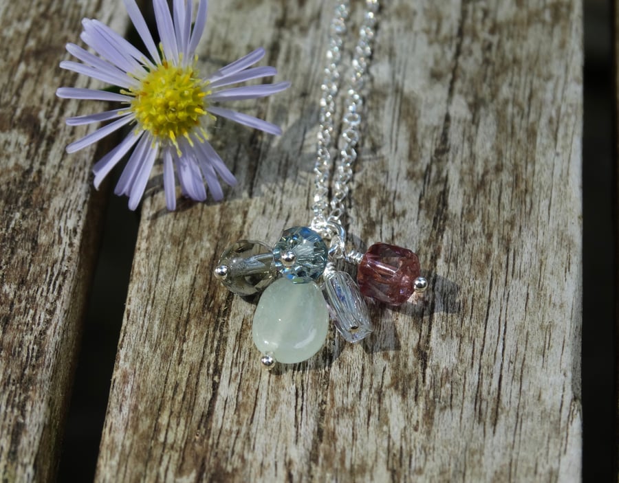Vintage Rose gemstone and crystal charm cluster pendant