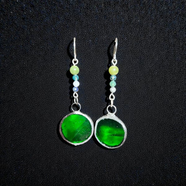 Sterling Silver, Jade,  Stained Glass Earrings,  Gift Boxed