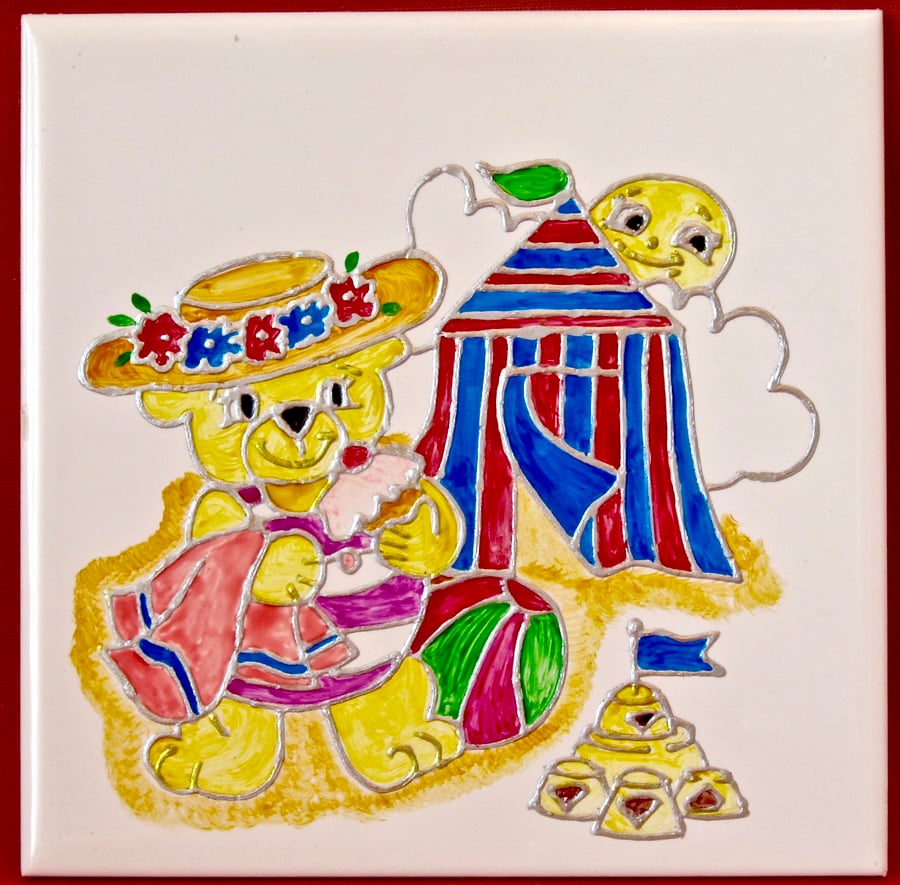 Hand Painted 'Bear at the Beach',  15cm square ceramic tile