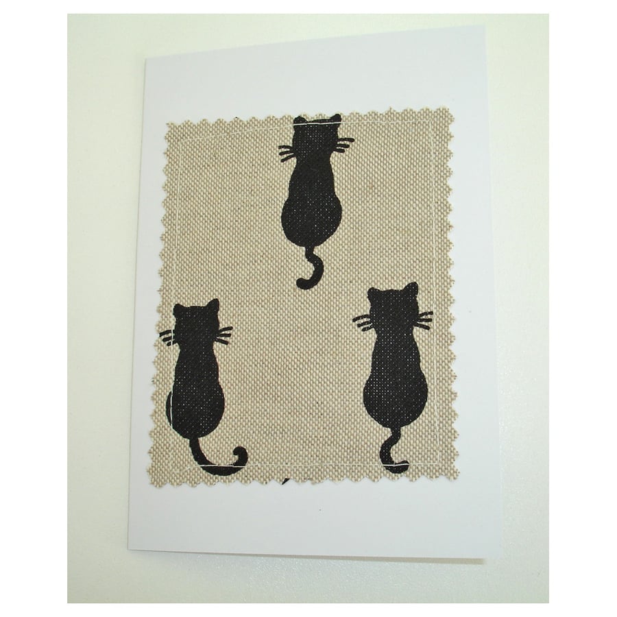 Black Cat Cards Pack of 3 Card Notelet Applique Fabric Black Cats