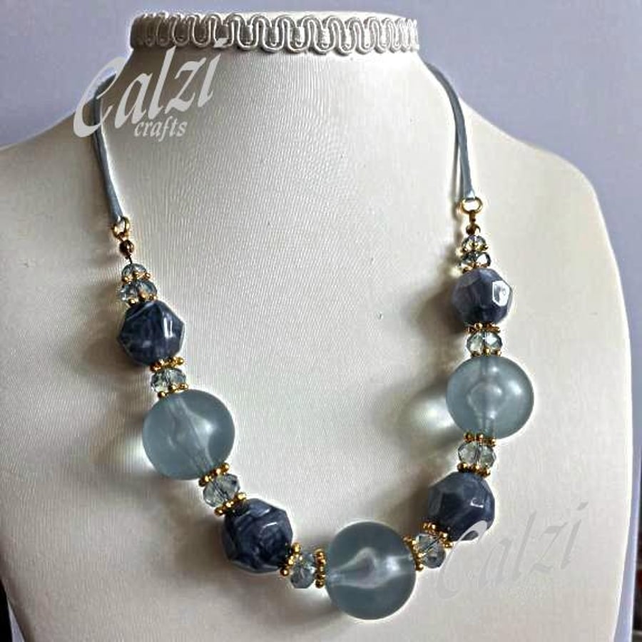 Blue Glass And Crystal Bead Necklace And Earrings