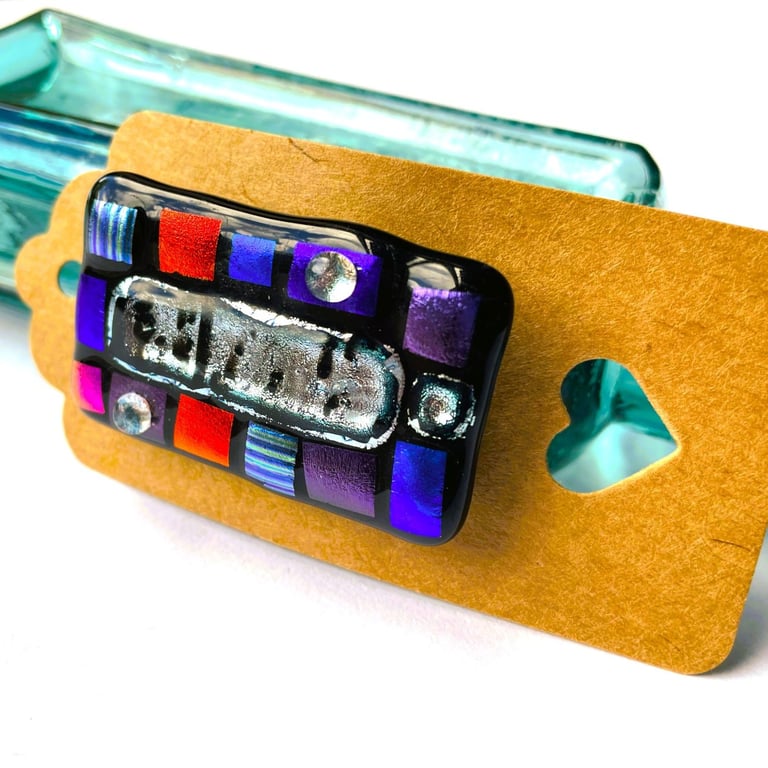 Blue mosaic fused glass brooch