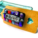 Blue mosaic fused glass brooch